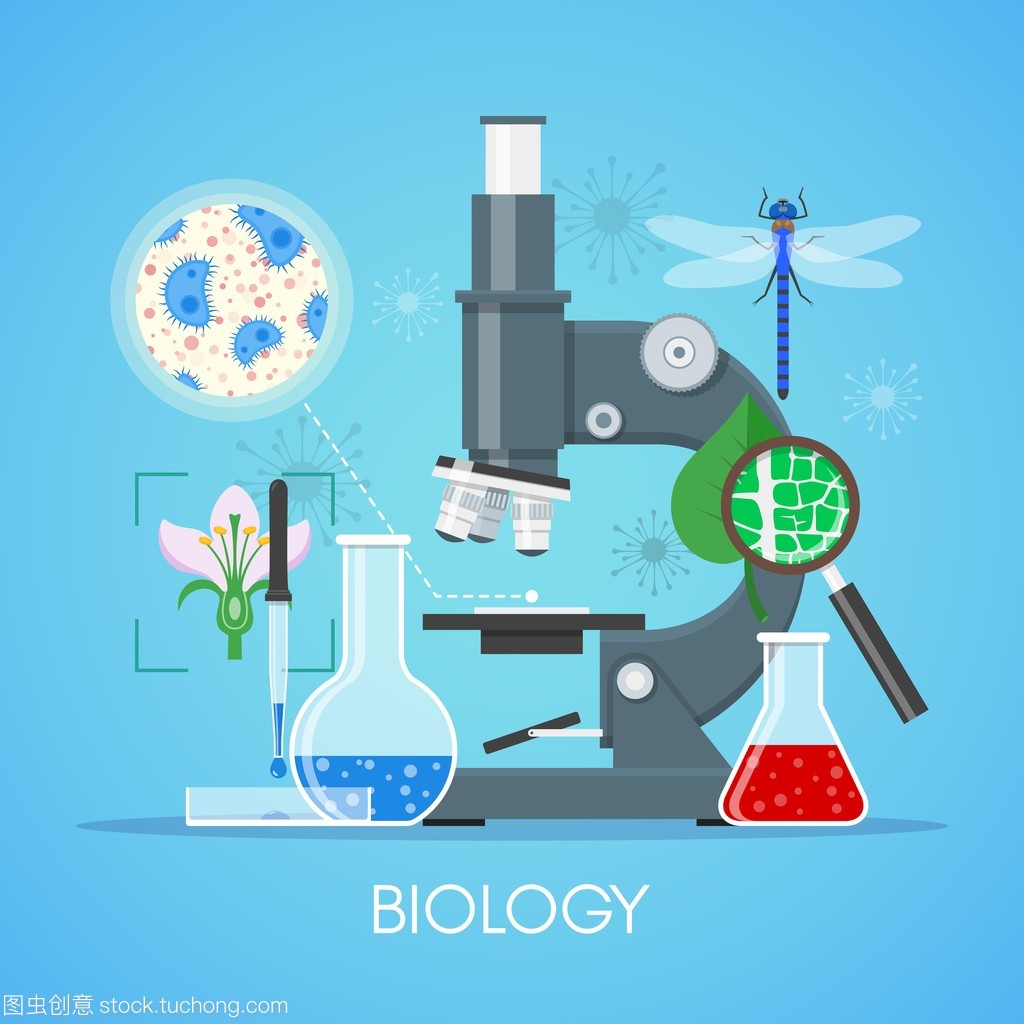 生物科学教育概念向量海报平面样式设计中。学校实验室设备